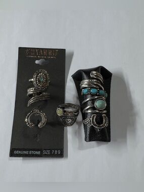 Women’s Silver-Tone Turquoise and Green Stone Ring Set